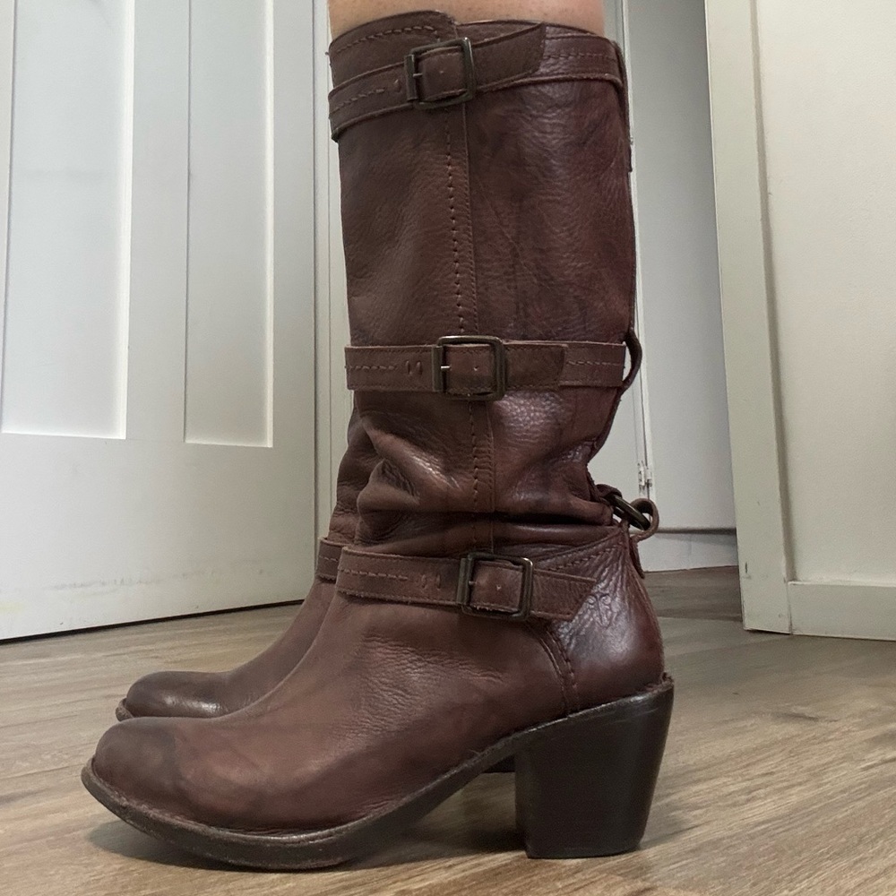 Frye Brown Leather Knee-High Boots Buckle Strap Women’s Size 8B